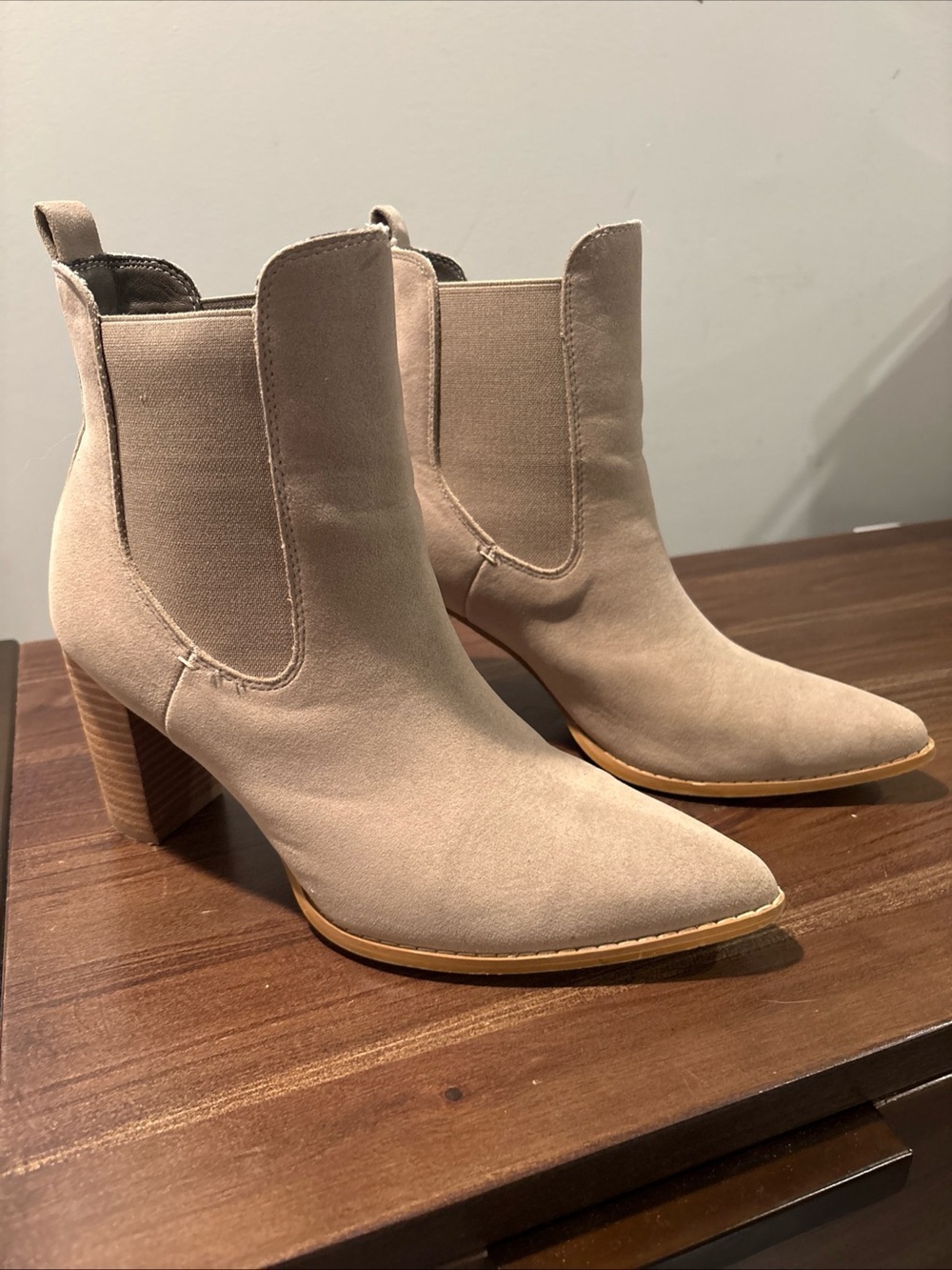 Women's Taupe Pointed Suede Ankle Booties